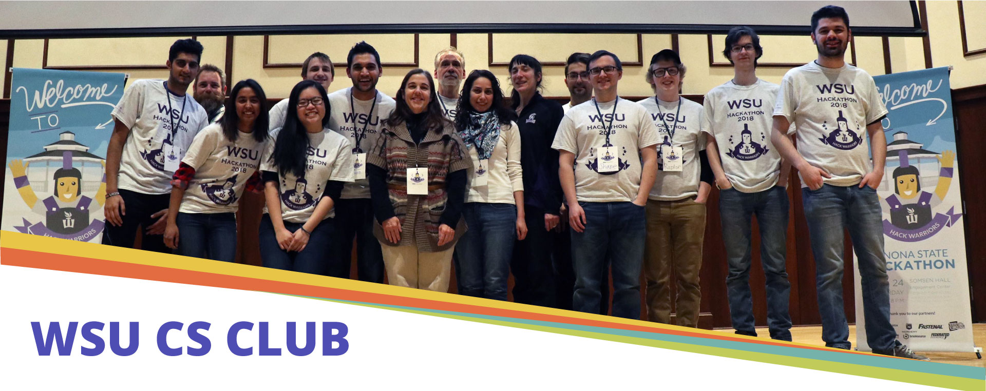 Group picture of WSU CS Club members at 2018 Hackathon, header title WSU CS Club