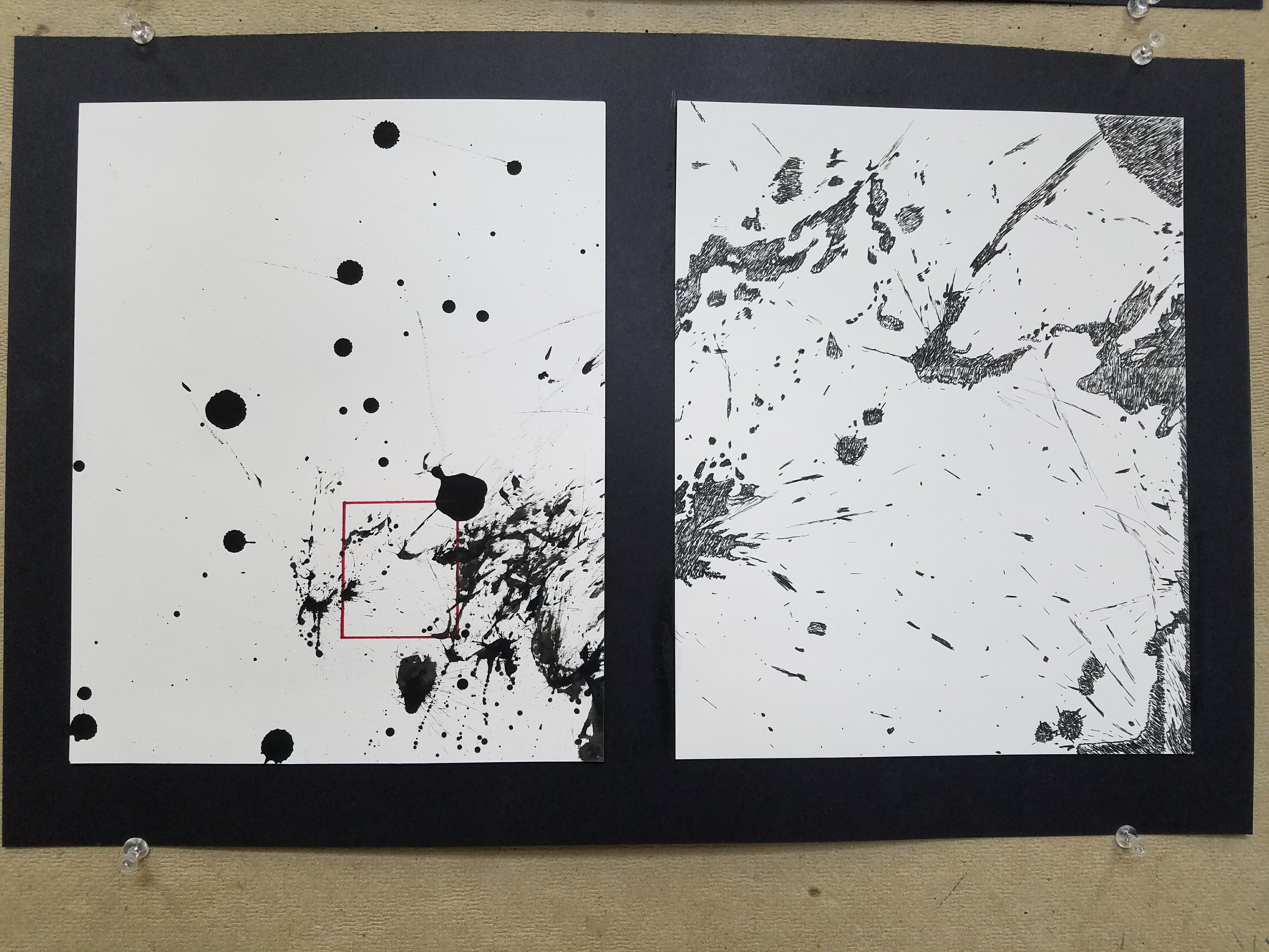 Splattered ink on the left, with a small red square inside. The right is a recreation of that square using a single, repetitive mark.